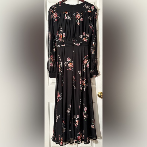 IEENA FOR MAC DUGGAL Belted Floral Print Illusion Long Sleeve Gown Black Size 12 - Picture 5 of 16
